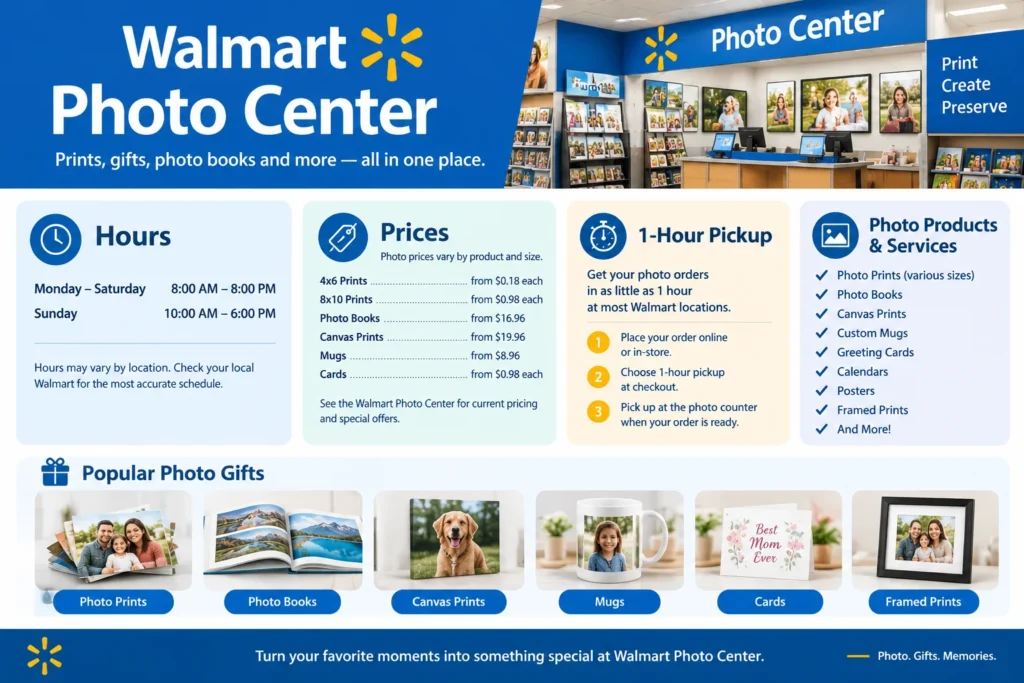 Walmart Photo Center hours, prices, and 1-hour pickup guide.