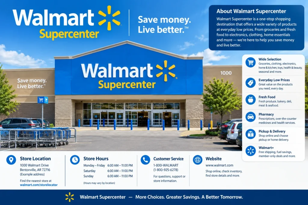 Walmart Supercenter storefront with store information, services, hours, customer service, and website details.