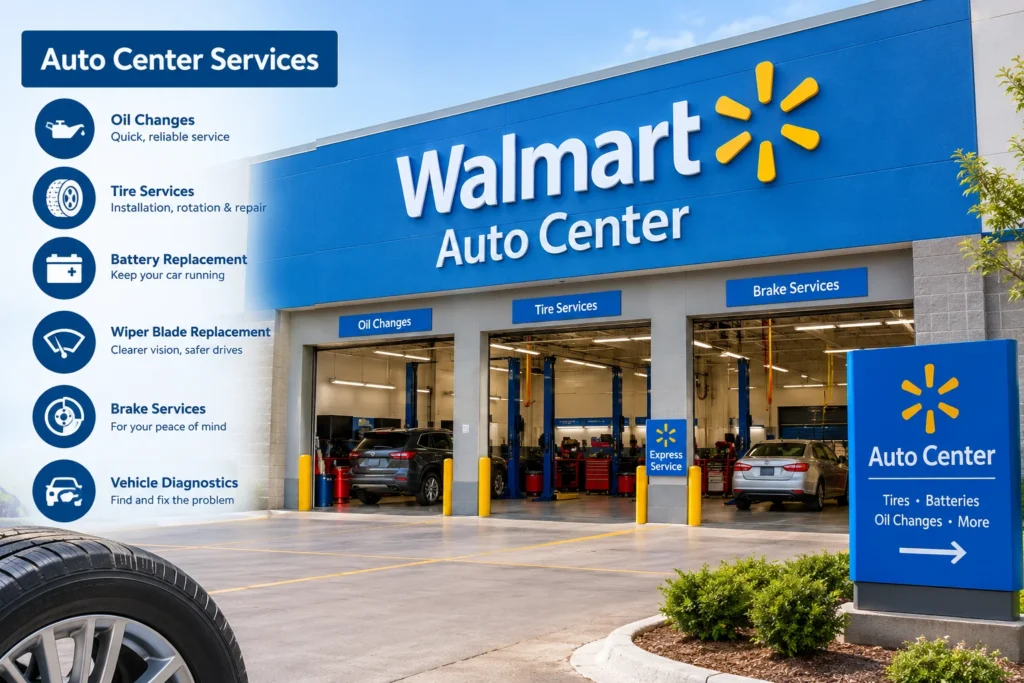 Walmart Auto Center with tire, battery, oil change, and brake services.