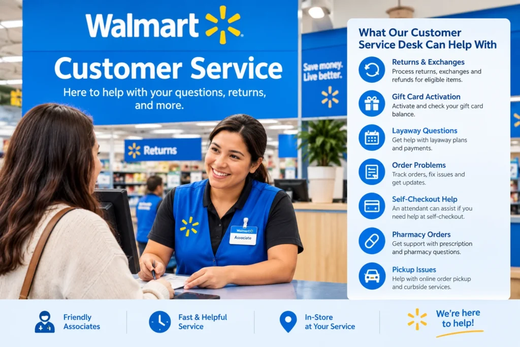Walmart customer service guide highlighting returns, gift cards, and order support.